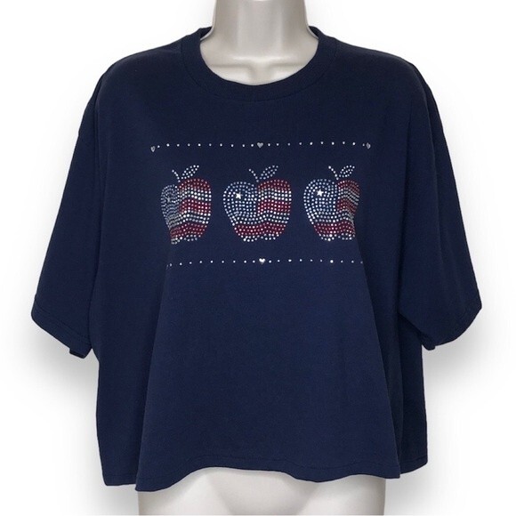 Vintage Jerzees Red Silver Blue Stud Apple Navy Cropped T Shirt Womens Size XL - Picture 1 of 14